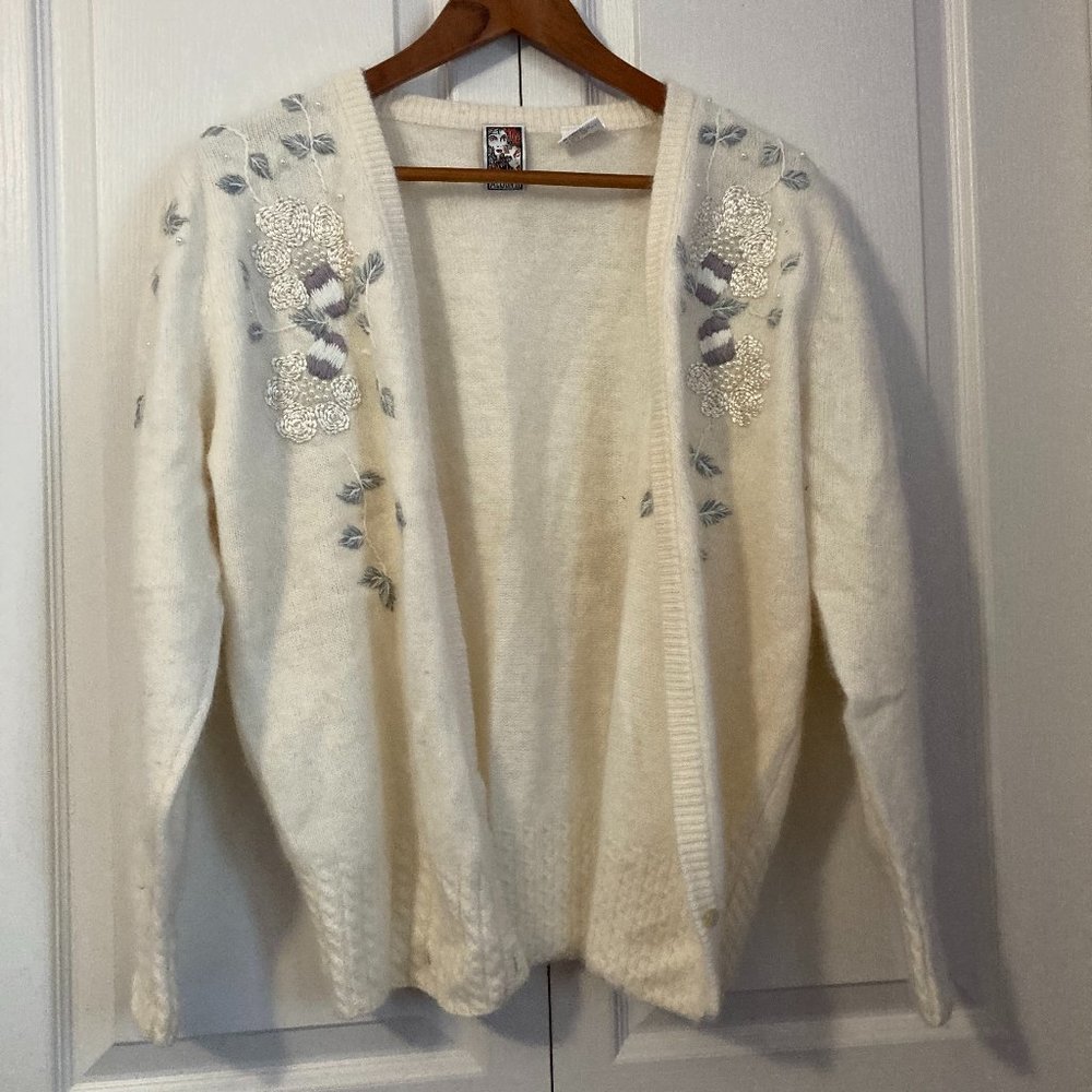 Vintage Beaded and Embroidered Angora/Lambswool cardigan size